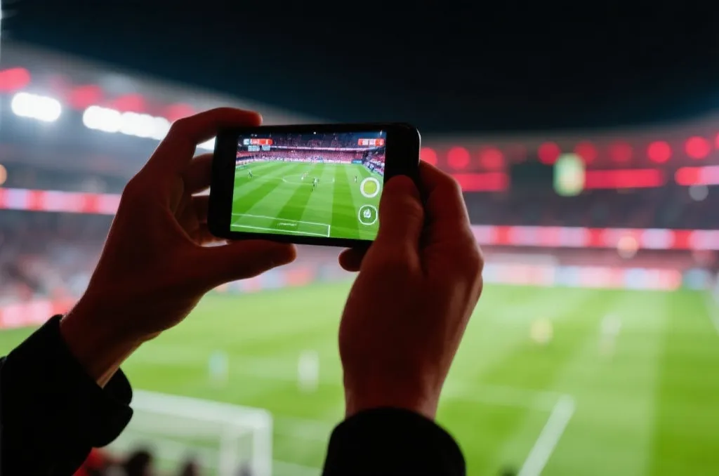 Close-up of a person holding a smartphone watching a live soccer match