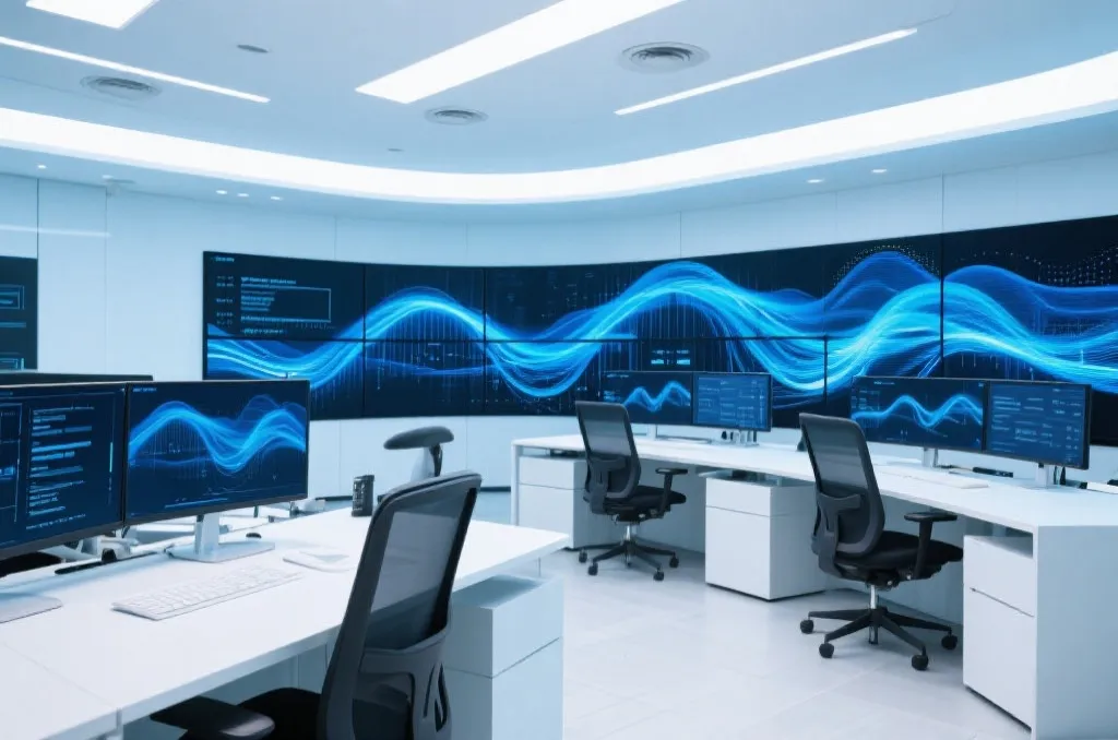 A clean and modern network security operations center with abstract blue data streams on multiple screens, professional tech workspace, bright and sleek design